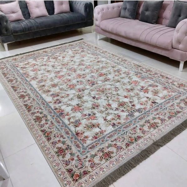 فرش ماشینی ۱۲۰۰ شانه طرح بهشت نقره ای گل برجسته