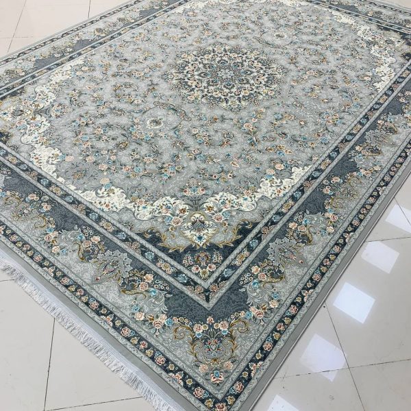 فرش ماشینی ۱۲۰۰ شانه طرح مه گل سیلور بدون برجستگی