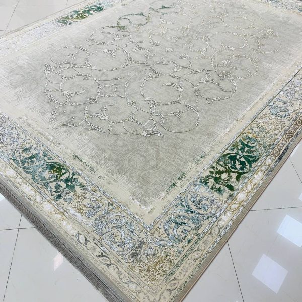 فرش ماشینی ۱۲۰۰ شانه طرح روناک ترمه ای گل برجسته