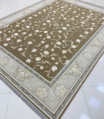 فرش ماشینی ۱۲۰۰ شانه طرح زرگل نسکافه ای گل برجسته