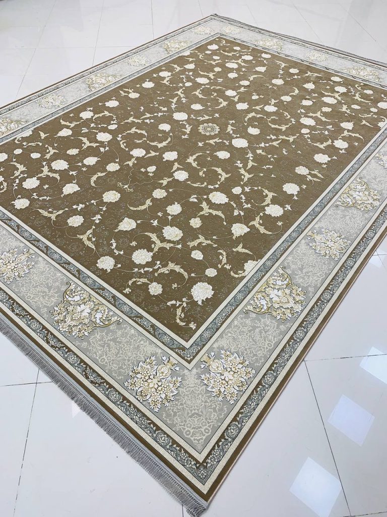 فرش ماشینی ۱۲۰۰ شانه طرح زرگل نسکافه ای گل برجسته