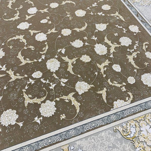 فرش ماشینی ۱۲۰۰ شانه طرح زرگل نسکافه ای گل برجسته