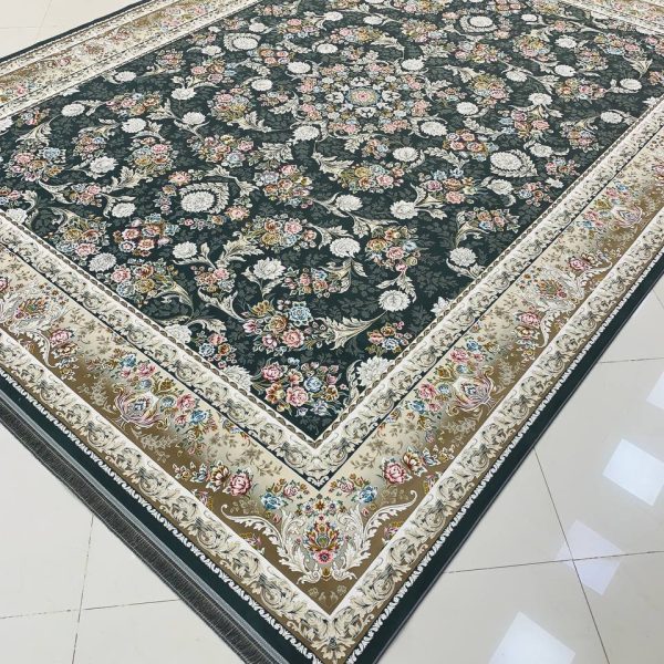 فرش ماشینی ۱۲۰۰ شانه طرح ترلان دودی گل برجسته