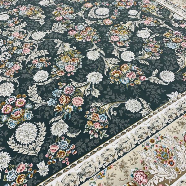 فرش ماشینی ۱۲۰۰ شانه طرح ترلان دودی گل برجسته