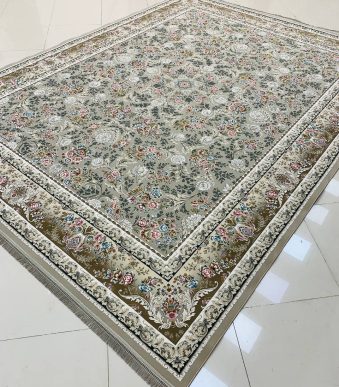 فرش ماشینی ۱۲۰۰ شانه طرح ترلان ترمه ای گل برجسته