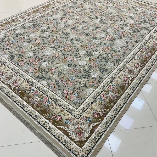 فرش ماشینی ۱۲۰۰ شانه طرح ترلان ترمه ای گل برجسته