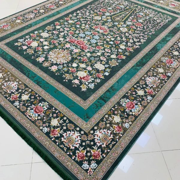 فرش ماشینی ۱۲۰۰ شانه طرح باغ گل سبز گل برجسته